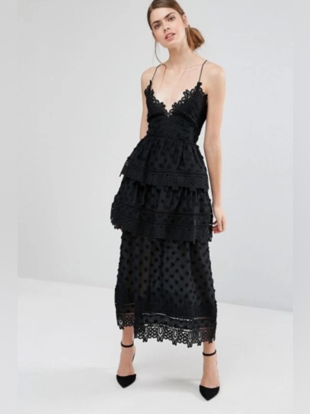 Self-Portrait Ivy Black Lace Tiered Maxi Dress with Polka Dot Mesh US 6 - Picture 5 of 8